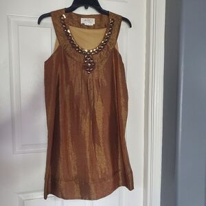 BANANA USA Brown‎ Metallic Embellish Shift Midi Dress Sleeveless Pullover Medium